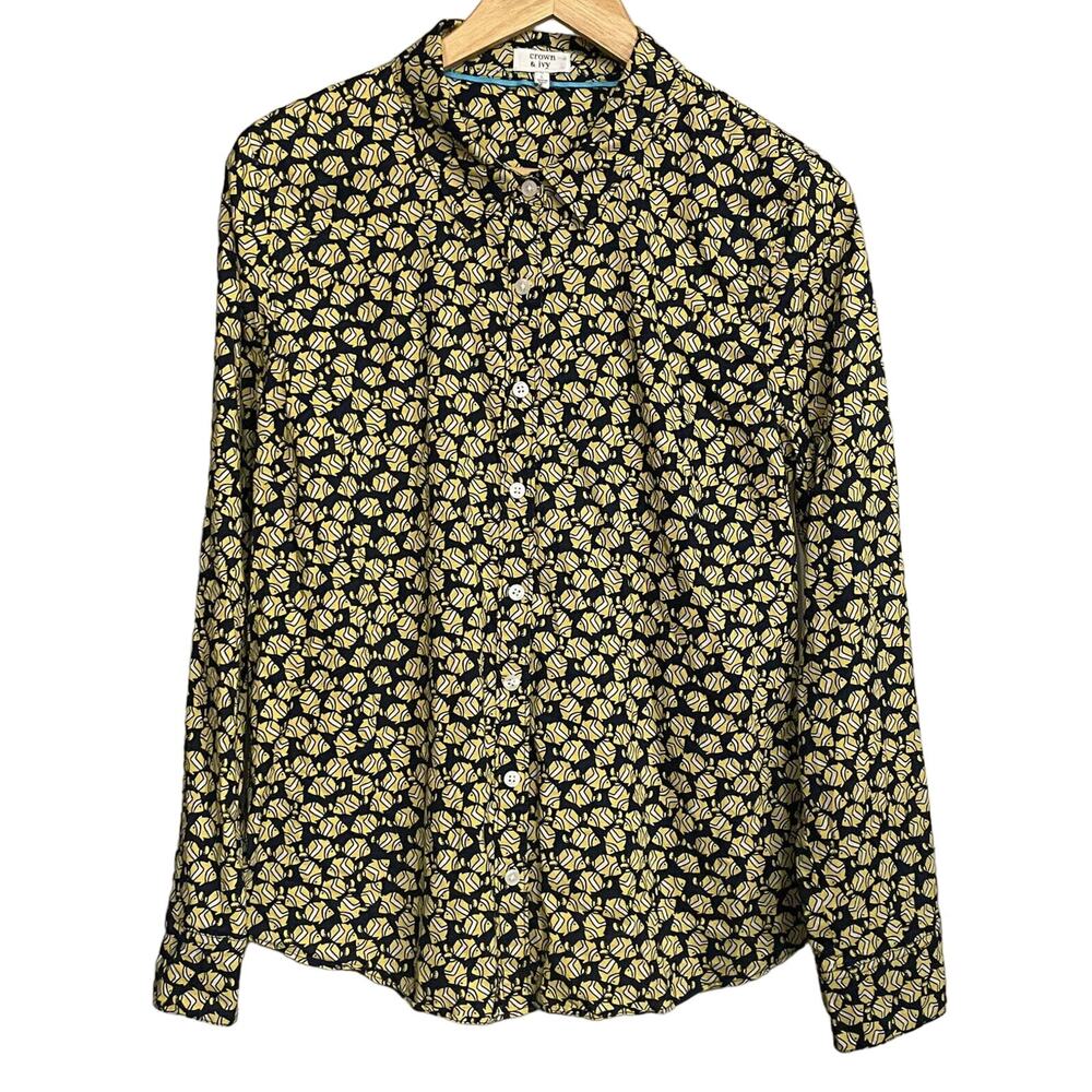 Crown &‎ Ivy Top Fish Print Cotton Button Up Shirt Womens L
